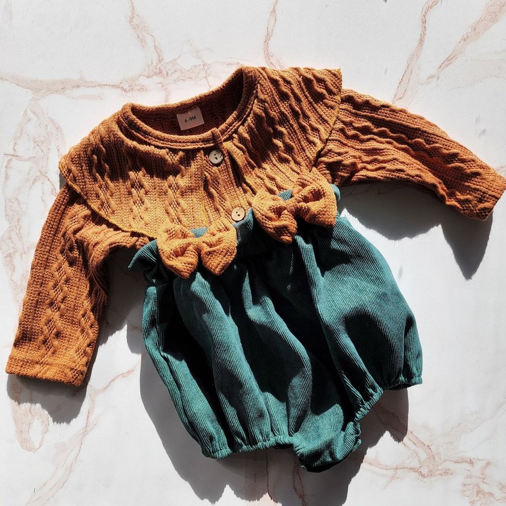 Mustard and Green Woven & Velour Sweater Romper